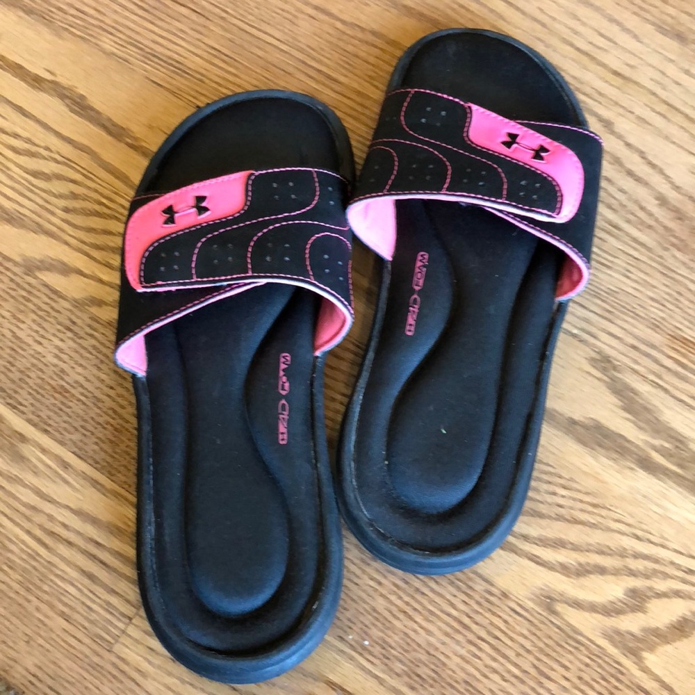 Under Armour Pink and Black Slides, Size 8